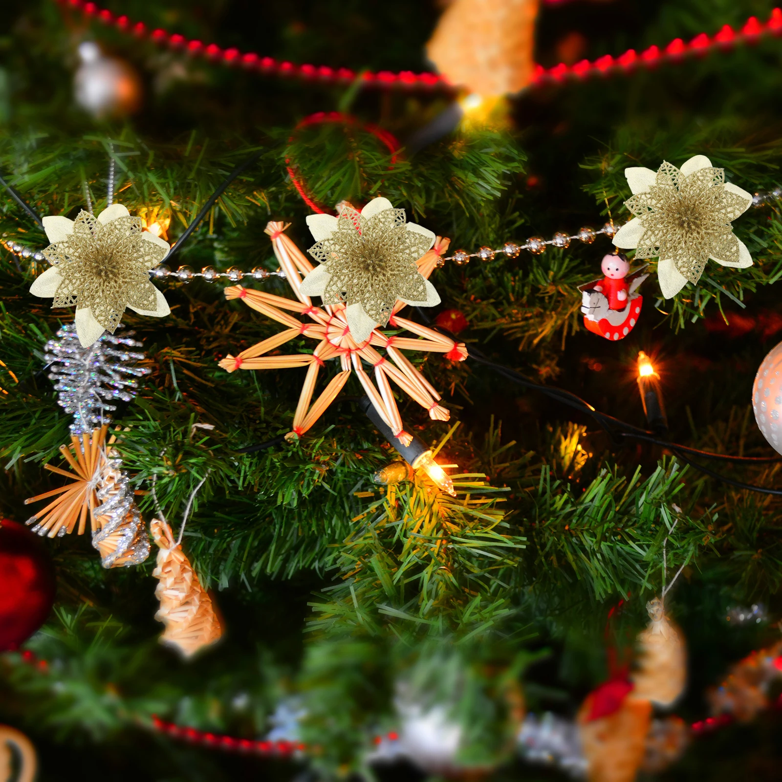 

12Pcs Christmas Artificial Poinsettia Flowers Glitter Fake Xmas Tree Flower Decorative Holiday Supplies Glitter Poinsettia