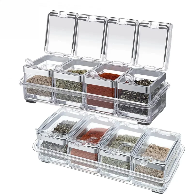 Kitchen Accessories Gourmet Acrylic Seasoning Box with 4 Serving Spoons Spice Jar Set Condiment Cruet Bottle Kitchen Supplies