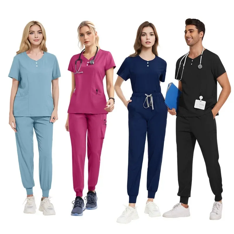 Slim Fit Medical Uniforms for Women Ropa Enfermero Hombre Multi-pocket Doctor Nurse Top and Pants Men Jogger Scrub Set 42162