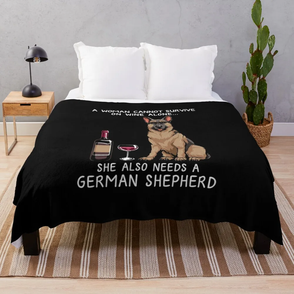 

German Shepherd and wine Funny DogThrow Blanket