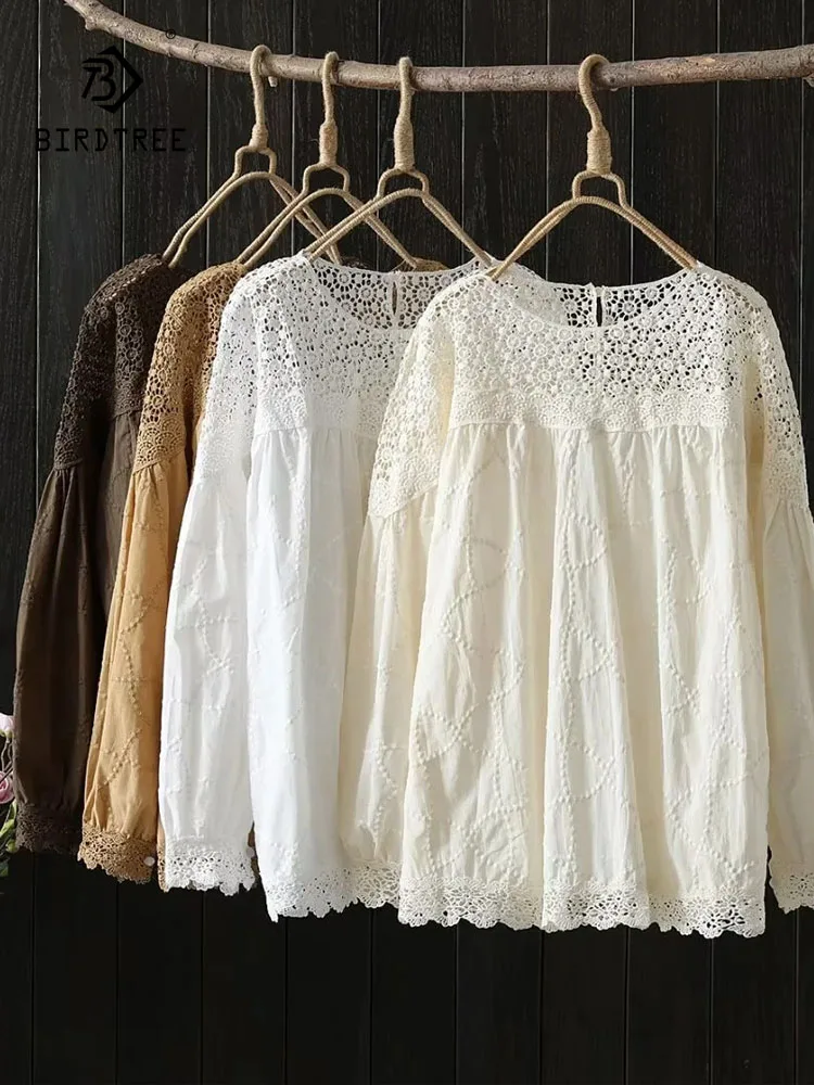 

New 2026 Spring Cotton Long Sleeve Shirt, Women O Neck Lace Hollow-out, Mori Girl OL Age Reduction Sweet Loose Blouse T5D518CC