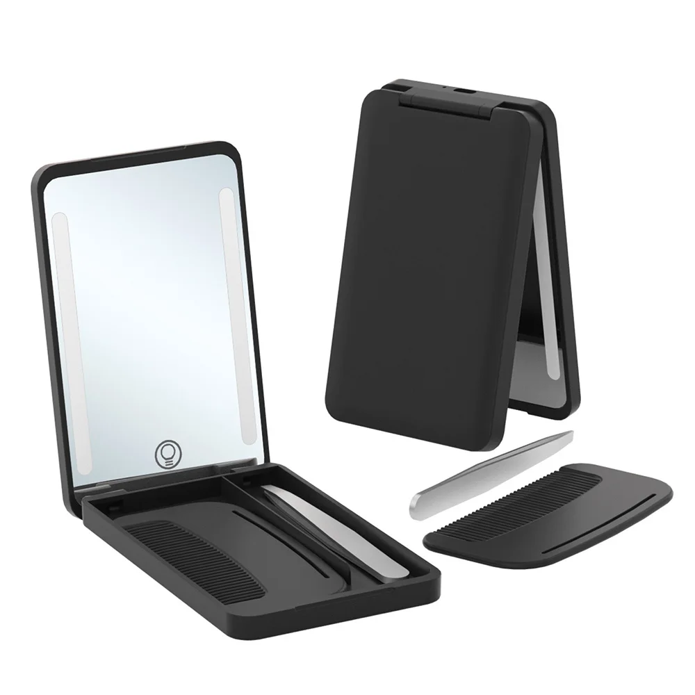 Compact Pocket Folding Mini Makeup Mirror with LED Light Hand Small 2 Magnification Mirrors Wholesale