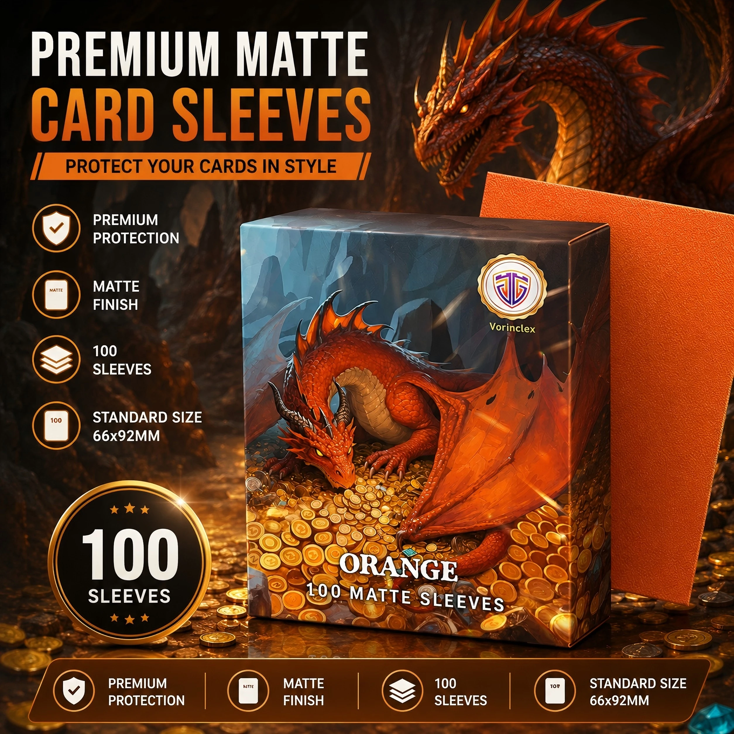 100PCS Matte Trading Card Sleeves 66x92mm Standard Size Game Card Protectors for PTCG/MGT (Orange)