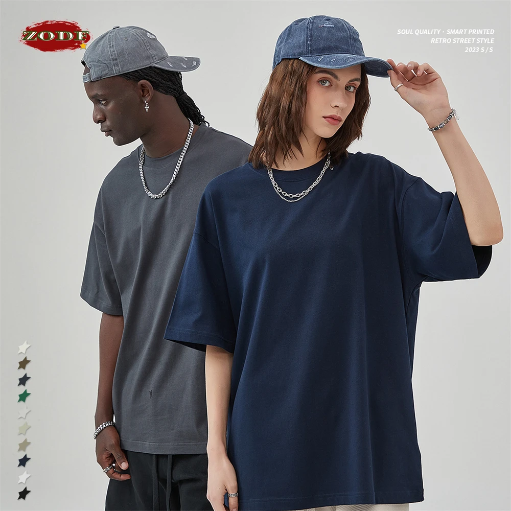 ZODF New 2023 Summer Men 275gsm Cotton T Shirts Unisex Women High Street Oversized FG Noshrink Solid T-Shirt Streetwears HY0152