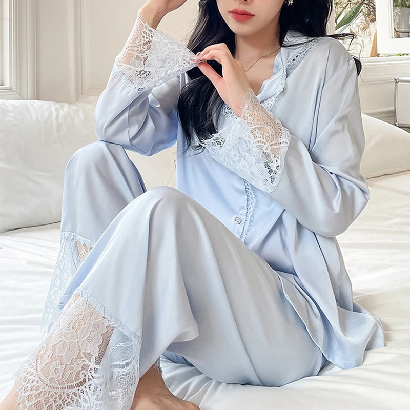 

New Spring Female Pajamas 2 PCS Shirt&Pant Set Sexy Patckwork Lace Long Sleeve Trouser Pijamas Suit Loose Rayon Home Wear