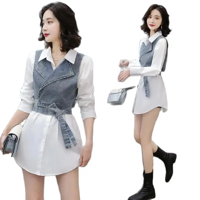 Vest Suit Women\'s Spring And Summer 2024 Fashionable Ladies Coat Denim Vest+White Shirt Two-Piece Vest