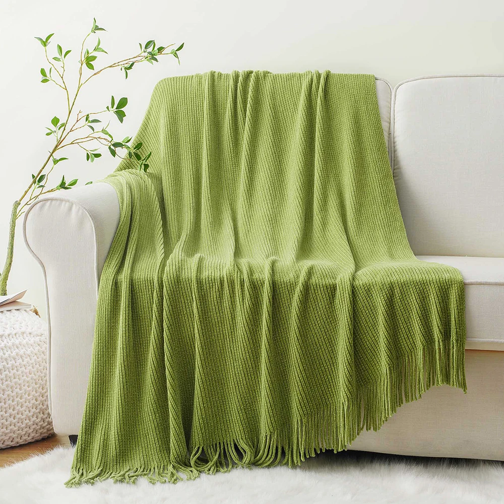 Battilo Chenille Knit Blankets with Tassels Caramel Plaid Throw Blanket for Bed Couch Decorative Sofa Blanket Bedroom Fall Decor