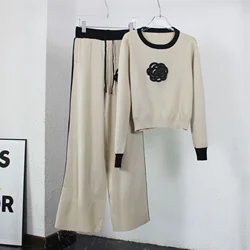 Floral Women Long Pant Sets Autumn Winter Knitted Spring Two Piece Suits Colorblock Top Sweater Straight Pants Sets 2023 Jumpers