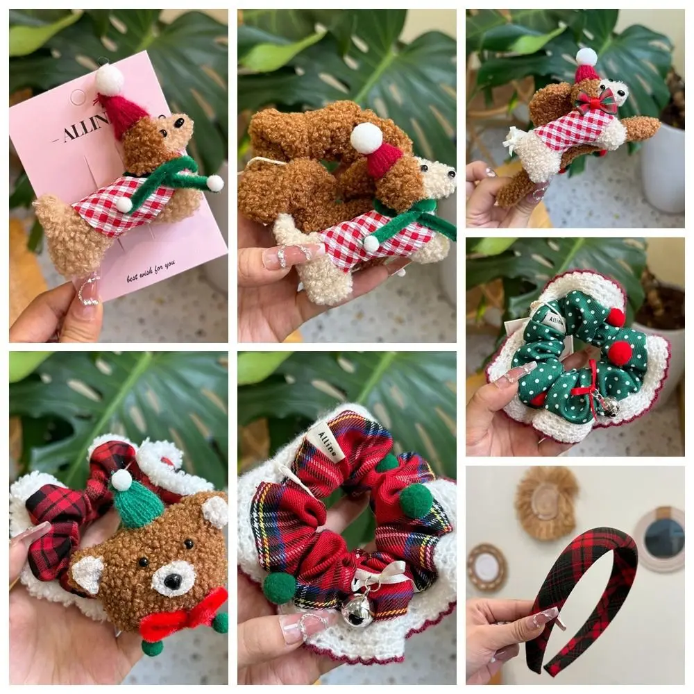 Horquilla navideña de dibujos animados para cachorros, tocado de cuerda para el pelo navideño creativo rojo/verde, diadema navideña de oso, vestido