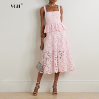 VGH Solid Embroidery Office Lady Midi Dresses for Women Square Collar Sleeveless High Waist Spliced Ruffles A Line Dress Female