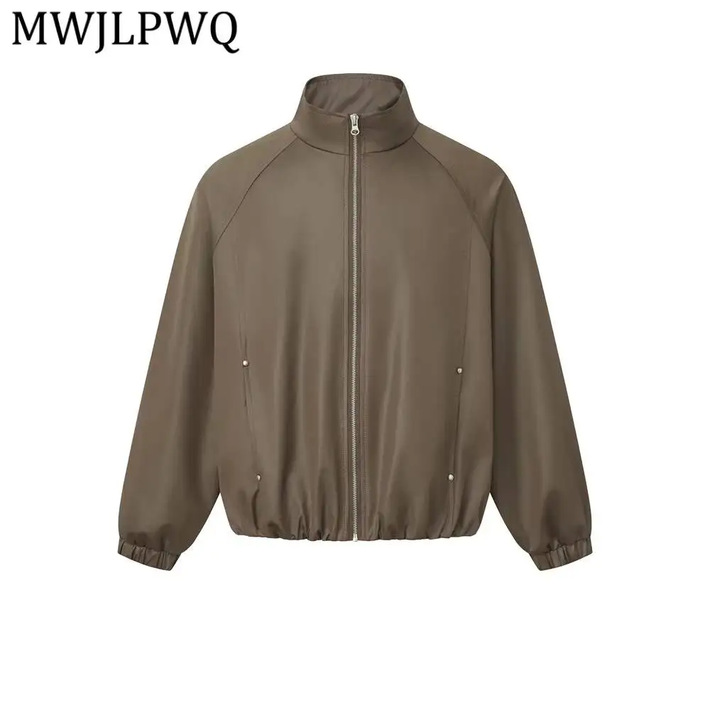 MWJLPWQ Cleanfit Simple Solid Color Loose Stand-Up Collar Jacket For Men Spring Autumn Spliced Streetwear Trend New Tops 17060