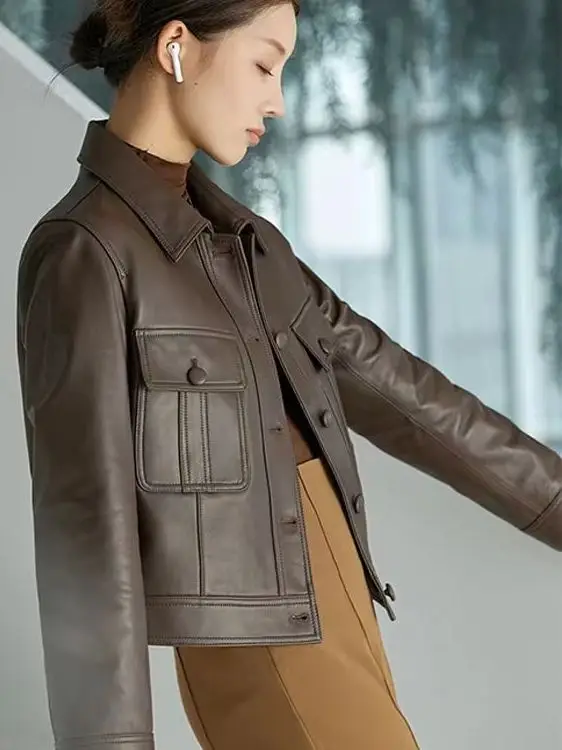 

Haierning New Style Short Motorcycle Jacket Women's Long Sleeve Single Button Coat Sweet Style Slim Fit Leather Spring Top