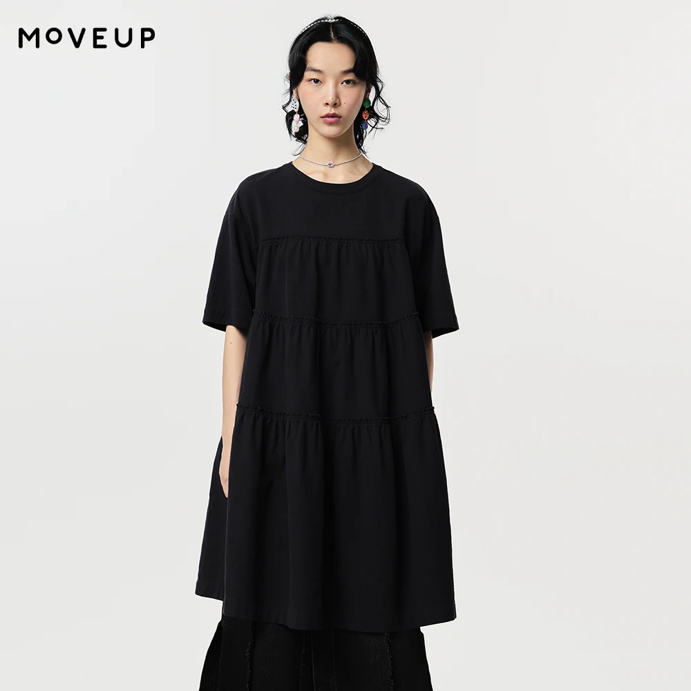 

MOVEUP Short Sleeved Round Neck Dress 2026 Spring New Pure Cotton Solid Pleated Commuting Casual Design A-Line Dress 124121314