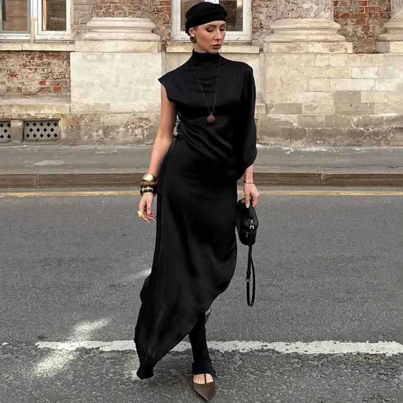 

Ticketsx Irregular Solid Long Dress Women's One Shoulder Turtleneck High Waist Dress Female Evening Party Luxury Loose Dresses