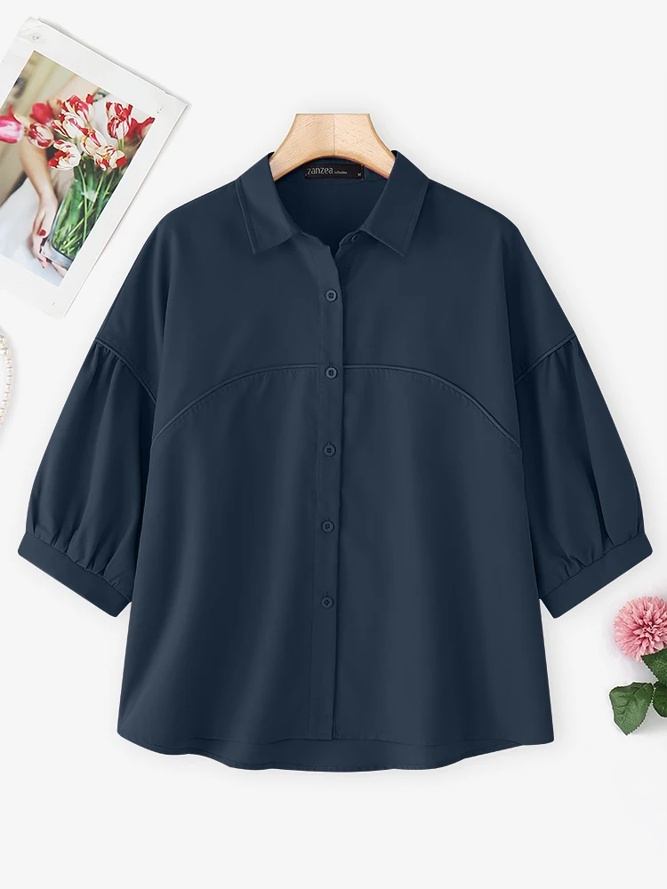 Mulheres elegantes 3/4 lanterna manga blusa zanzea verão camisas elegantes casuais botões sólidos blusas soltas mujer escritório topos femme