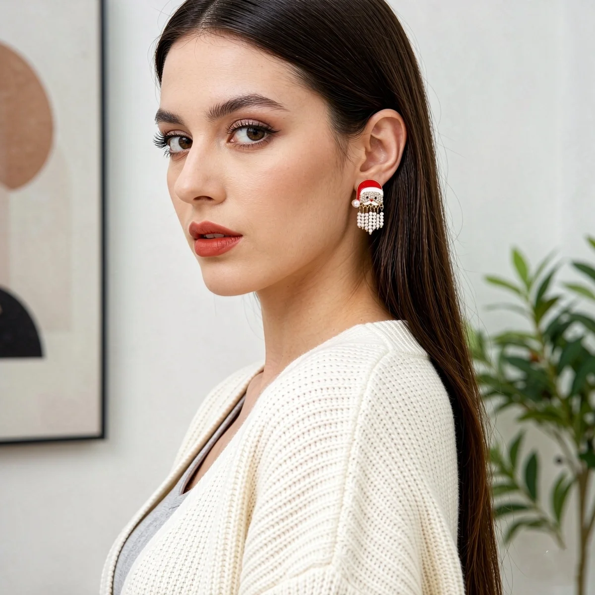 Kreative, niedliche Weihnachtsmann-Ohrstecker mit simuliertem Perlenquastenbart für Frauen, Strass-Weihnachtsmann-Ohrringe, Weihnachtsparty-Schmuck – Detail 6