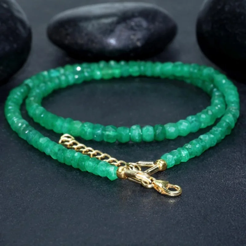 Green Emerald Facete Beryl Gemstone Beads Gold Fill on 925 Silver Necklace 18