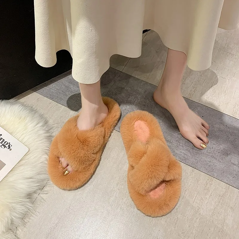 Fashion One Word Thick Fur Slippers Double Fur Slippers Casual Home Cotton Shoes for Women Flat Plush Cross Straps Slippers2025
