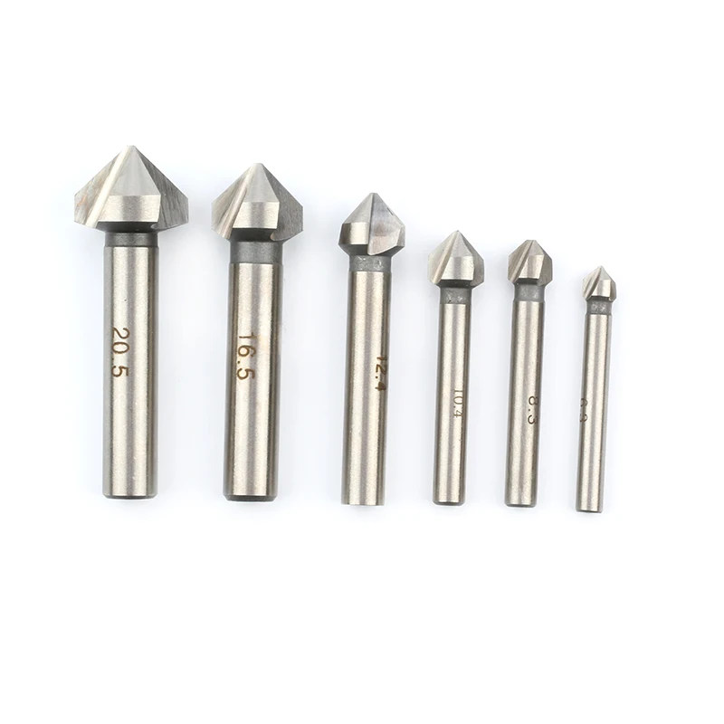 HSS4241 6pcs Three Blade Round Shank Chamfer Countersink Set 3 Flute Chamfering Bit Set Chamfering Cutter