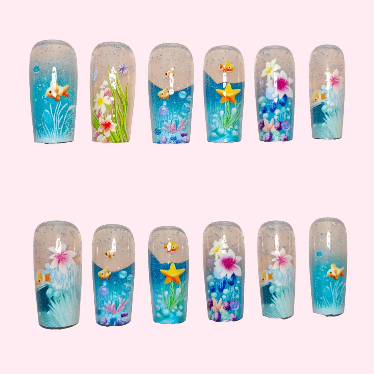 손톱에 플라워 프레스 3D 네일 물고기 바다 프레스 조개껍질 가짜 손톱 발레 팁 그라디언트 가짜 손톱 프레스