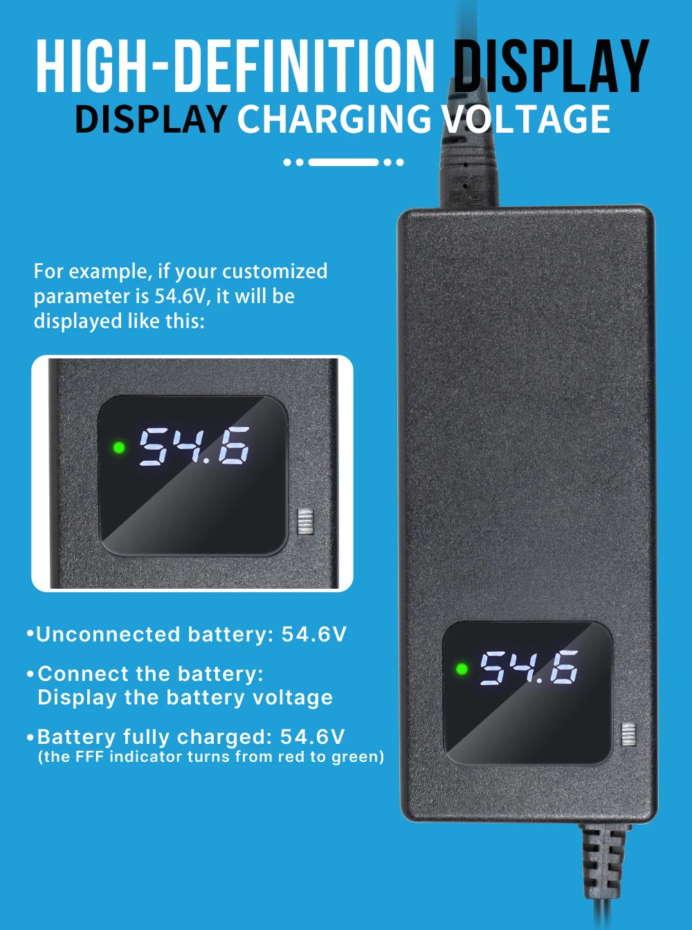 YZPOWER 42V 3A Lithium-Batterieladegerät für Touroll/Jetson/Gotrax mit 36V E-Scooter/E-Bike-Ladefunktion, intelligentes CC-CV-Ladegerät mit LED-Lampe – Detail 6
