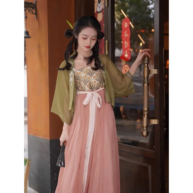 Robe à bretelles Hanfu imprimée de fleurs roses pour femmes, cardigan brodé vert, original, élégant, style chinois, cosplay Hanfu trempé