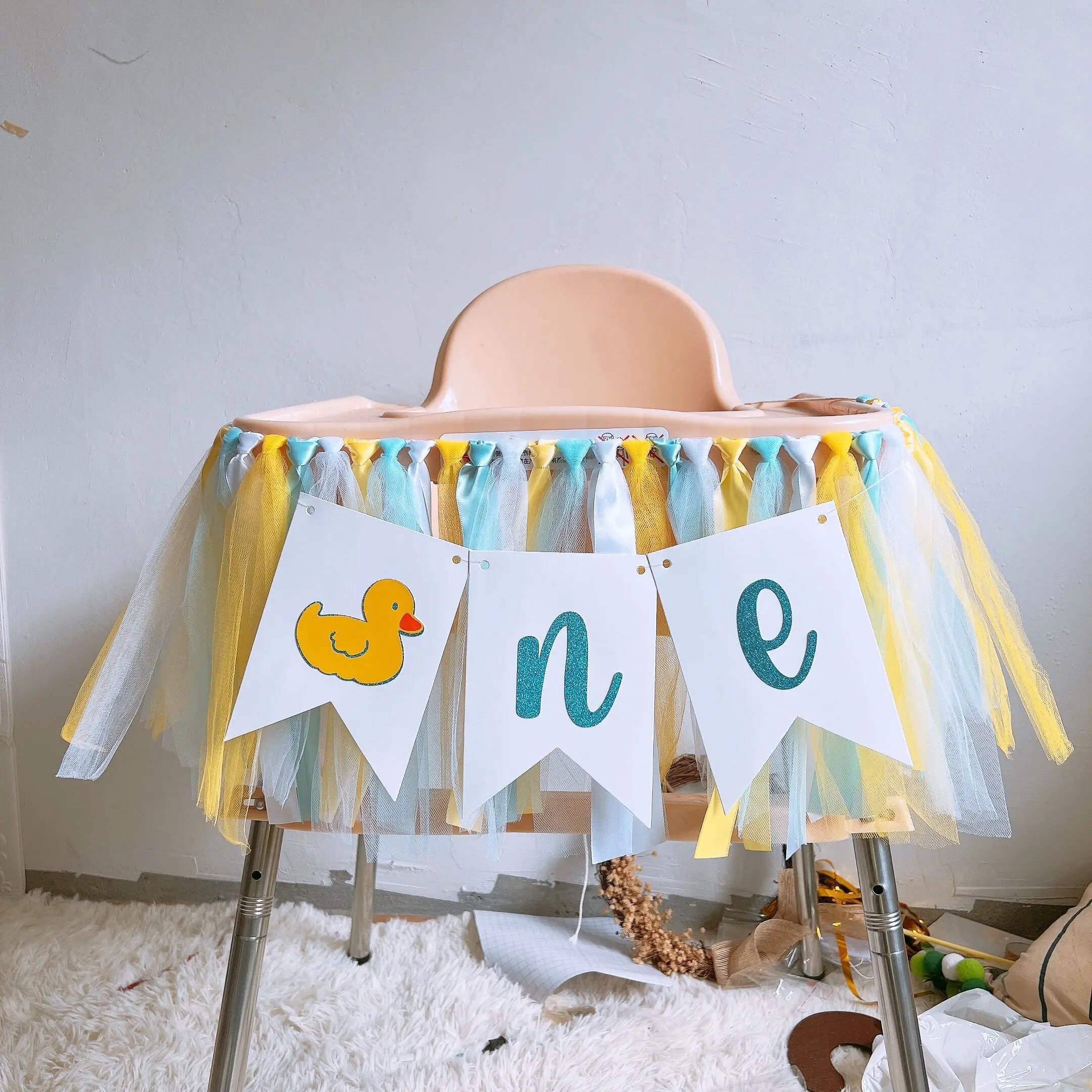 Baby Girl Banner for 1st Birthday - Highchair Banner Baby Shower Little Duck Birthday Decoration Photo Prop Tulle Garland Banner