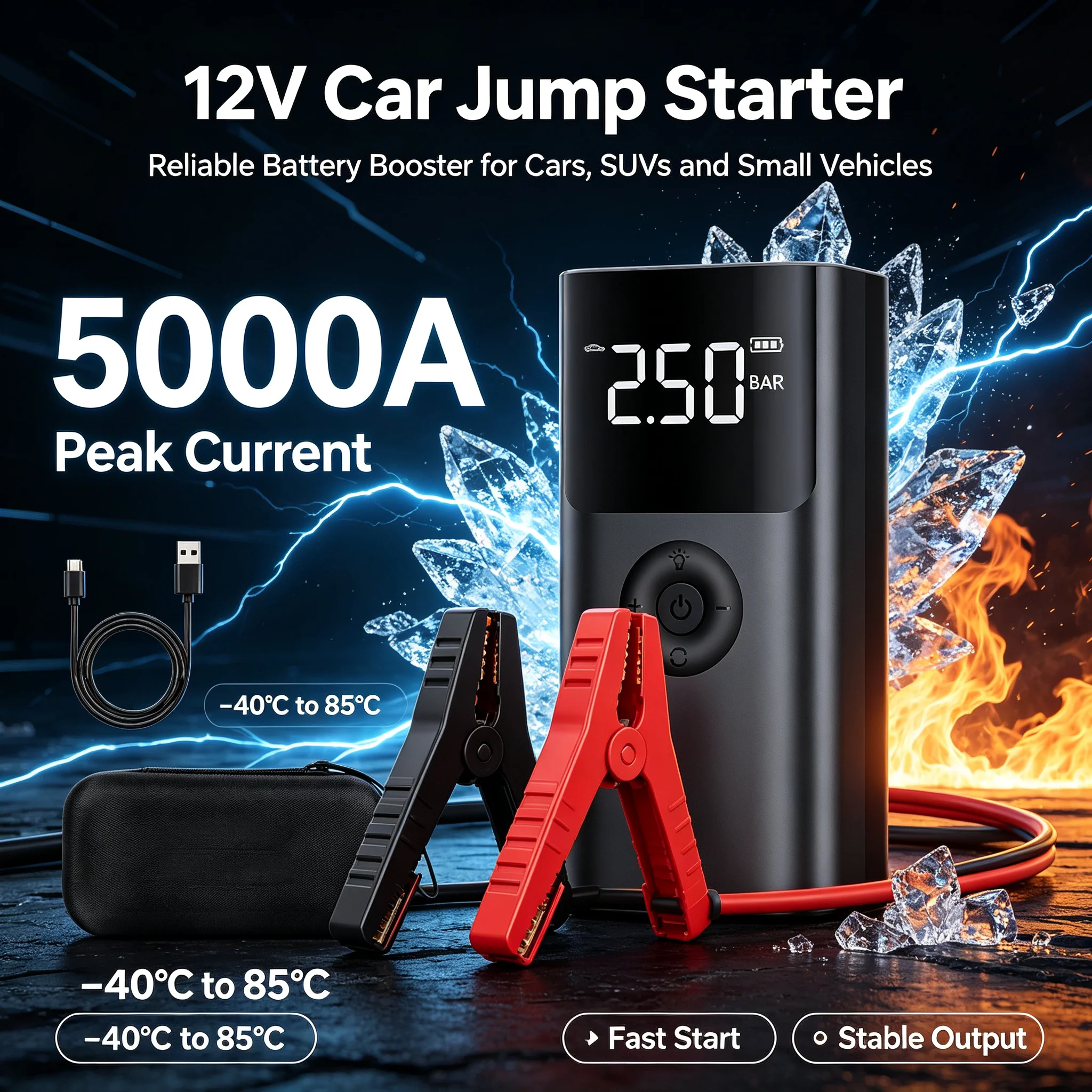 12V Car Jump Starter with Air Compressor 4 In 1 2500A Peak Power Bank 150PSI Auto Battery Booster Tire Inflator LED Lighting