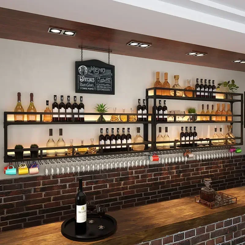 

Industrial Chic Wall-mounted Bar Rack Iron Art Wine Glass Holder Shelf Integrated Storage Solution for Modern Home Decor