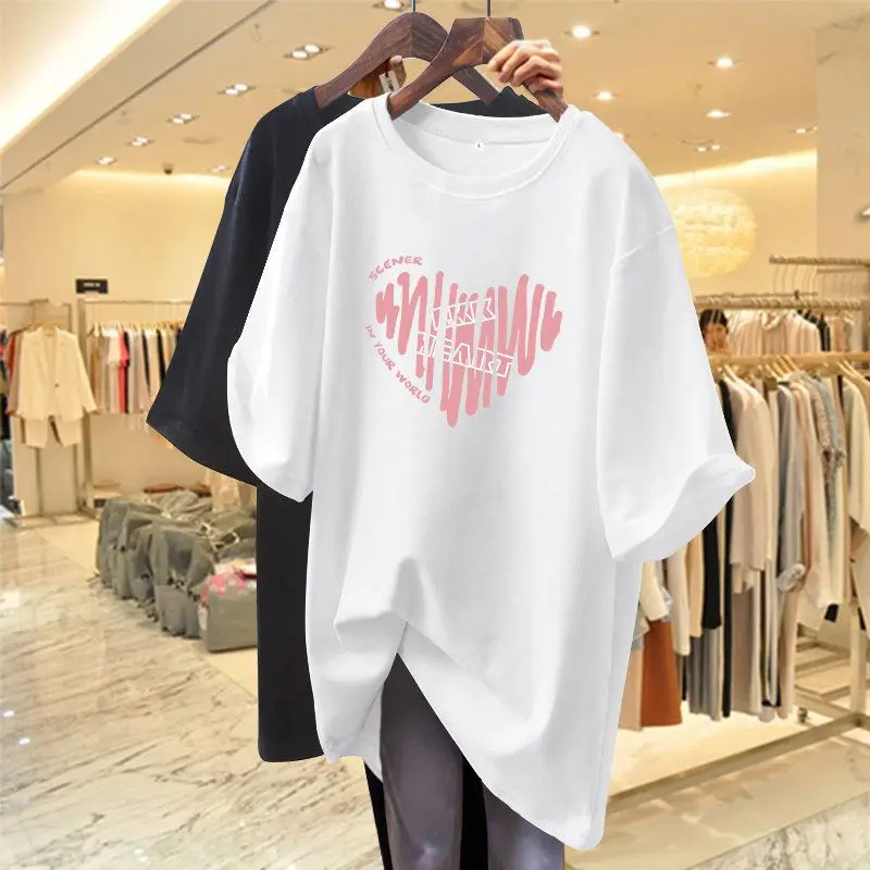 

Summer New All-match Loose T Shirt Tops Short Sleeve Round Neck Solid Color Plus Size Pullovers Fashion Casual Women Clothing