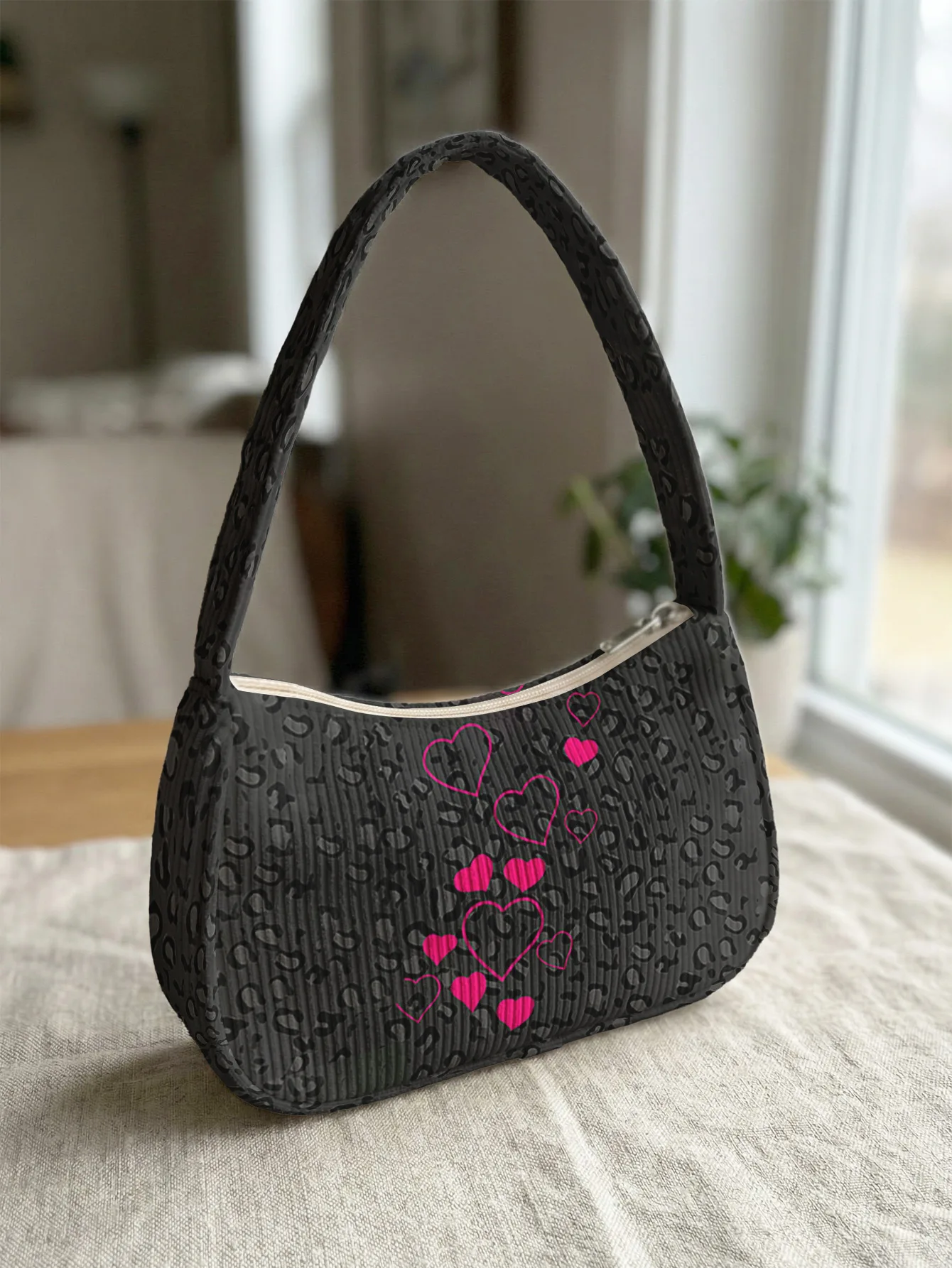 Trendy Edgy Leopard Print & Pink Heart Shoulder Bag, Y2K Black Corduroy Underarm Bag