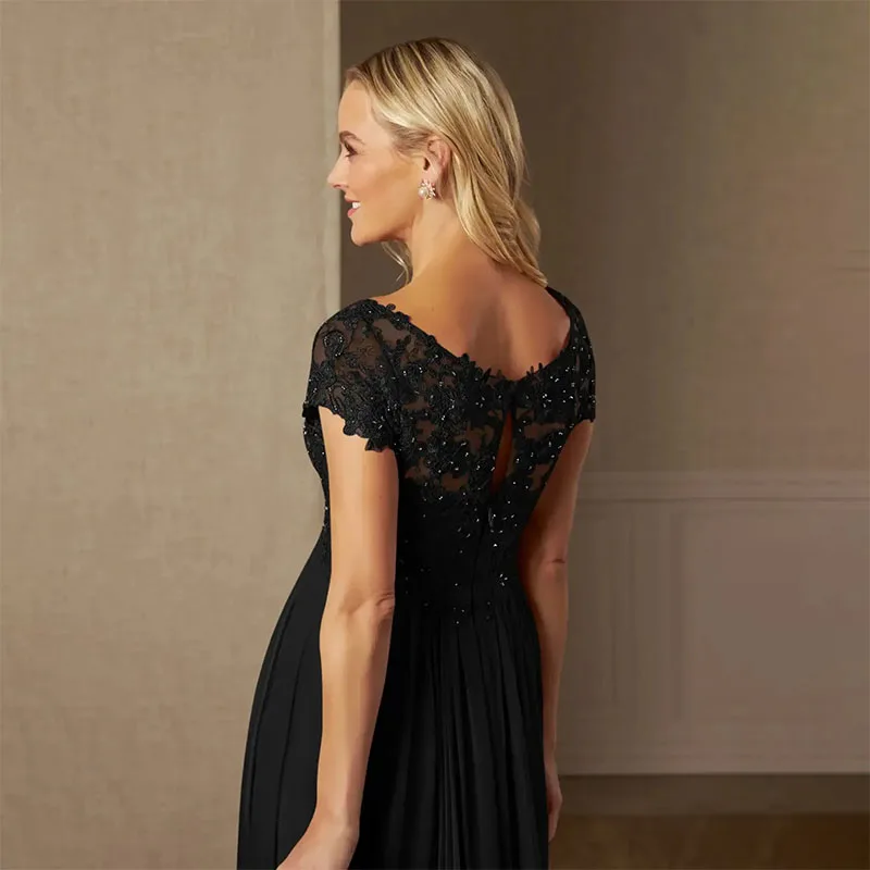 فستان أم العروس أنيق مخصص مزين بالترتر وأكمام قصيرة أسود ثوب مسائي رسمي برقبة على شكل V وحفلات الزفاف والعريس 2025