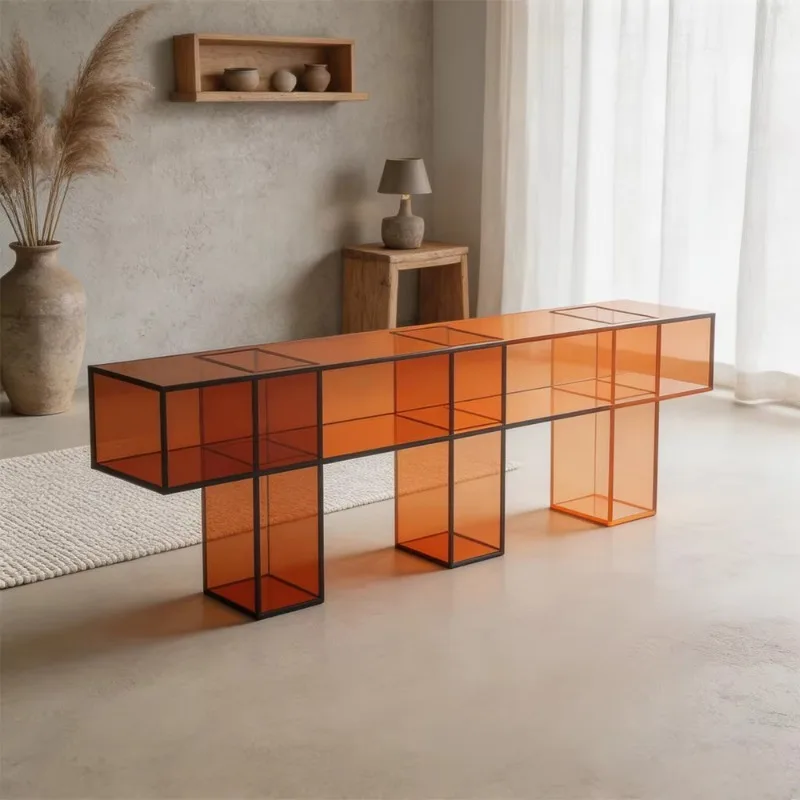 Custom Orange Translucent Acrylic Long Bench Modern Geometric Thick Lobby Living Room Furniture Coffee Table