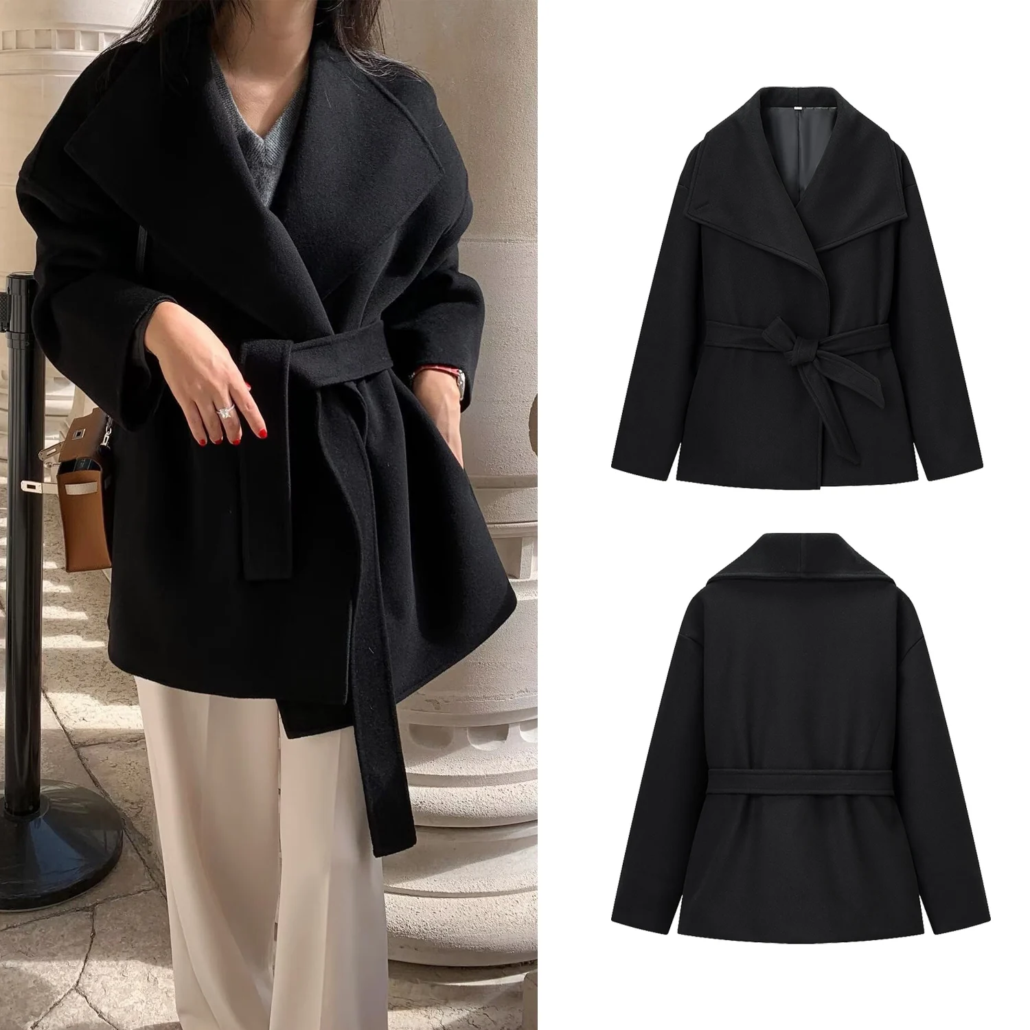 

Women Vintage Solid Turn-Down Collar Jackets 2025 Female Chic Full Sleeve Lace Up Belt Coat Lady Autumn Winter Casual Outwear