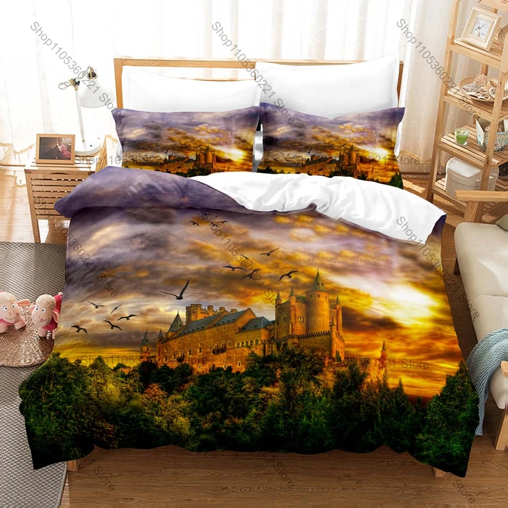 Cool Dreamy Magical Enchanted Castle Full Printed 3PCS Bedding Duvet Cover + 2 Pillowcases Teen Dorm Decoration