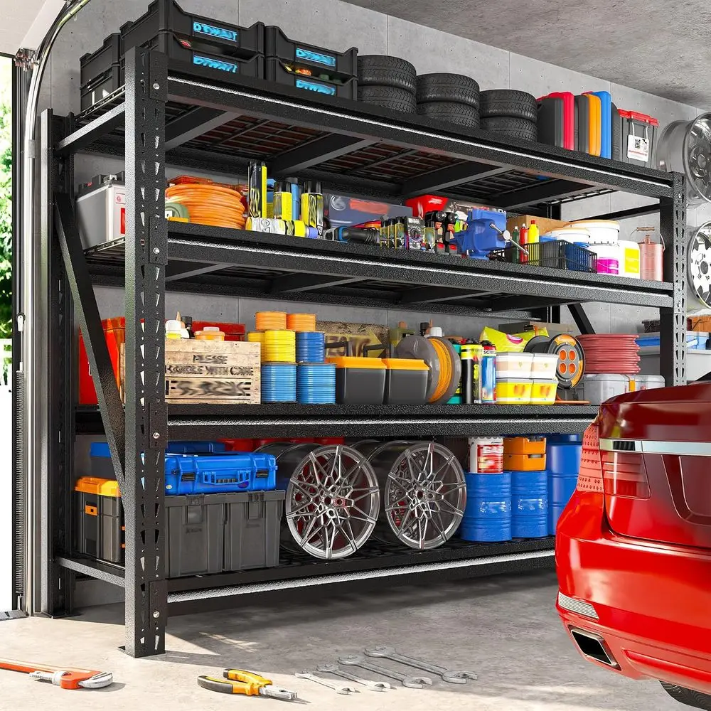 4-Tier Heavy-Duty Garage Shelving, 68.2 Wide, Wire Deck, Rust & Water Resistant, 23.5 Deep x 72 High, Black