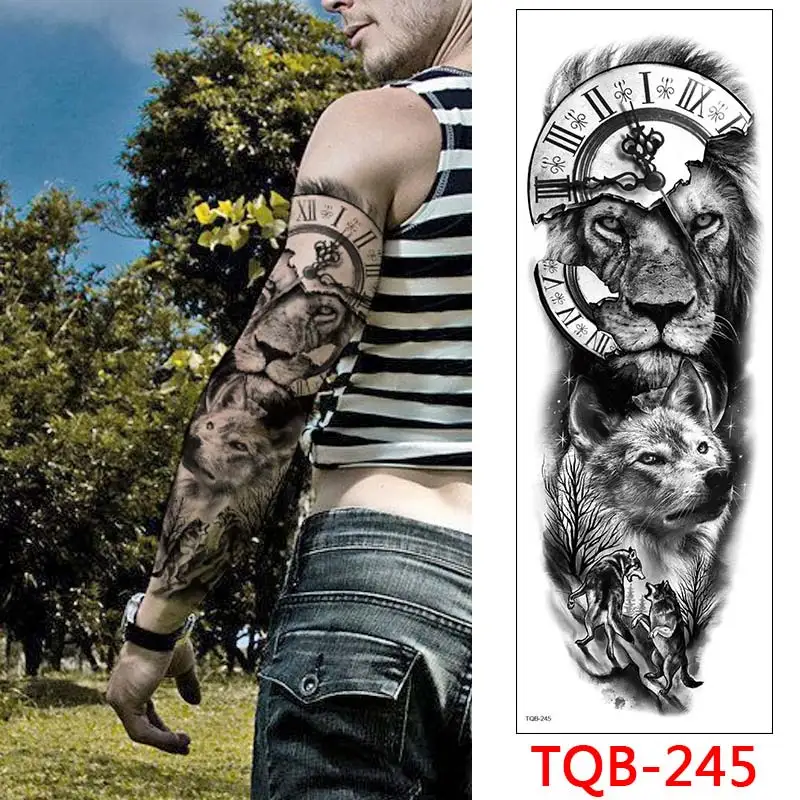 Large Arm Tattoo Sticker Full Sleeve Temporary Tattoos for Men Fish Wolf Tiger Tattoo Fake Tatoo for Women Waterproof Body Art