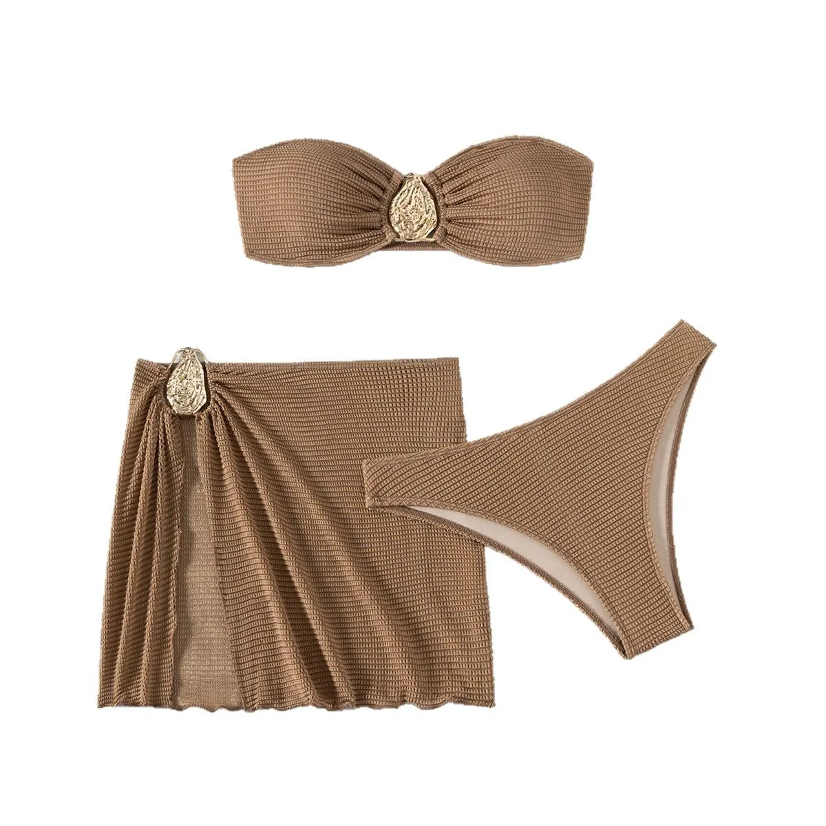 ブラウン固体水着ストラップレスバンドゥビキニセット 3 個カバーアップセクシーな水着女性 2025 メタルバックルビキニビーチウェア