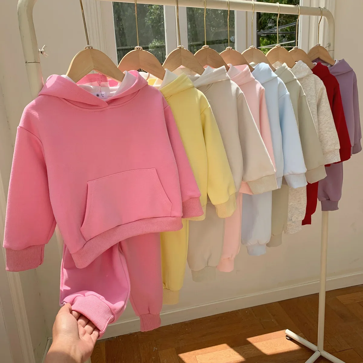 Girls 2-Piece Hoodie Set with Sweatpants Solid Color Long Sleeve Pullover Tracksuit Kids Casual School Sportswear Fall Outfit