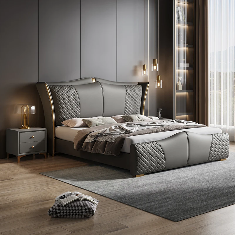 

Luxury Modern King Size Bed Frame Elegant Leather Italian Comferter Bed Headboards Villa Cama Box Casal Bedroom Set Furniture