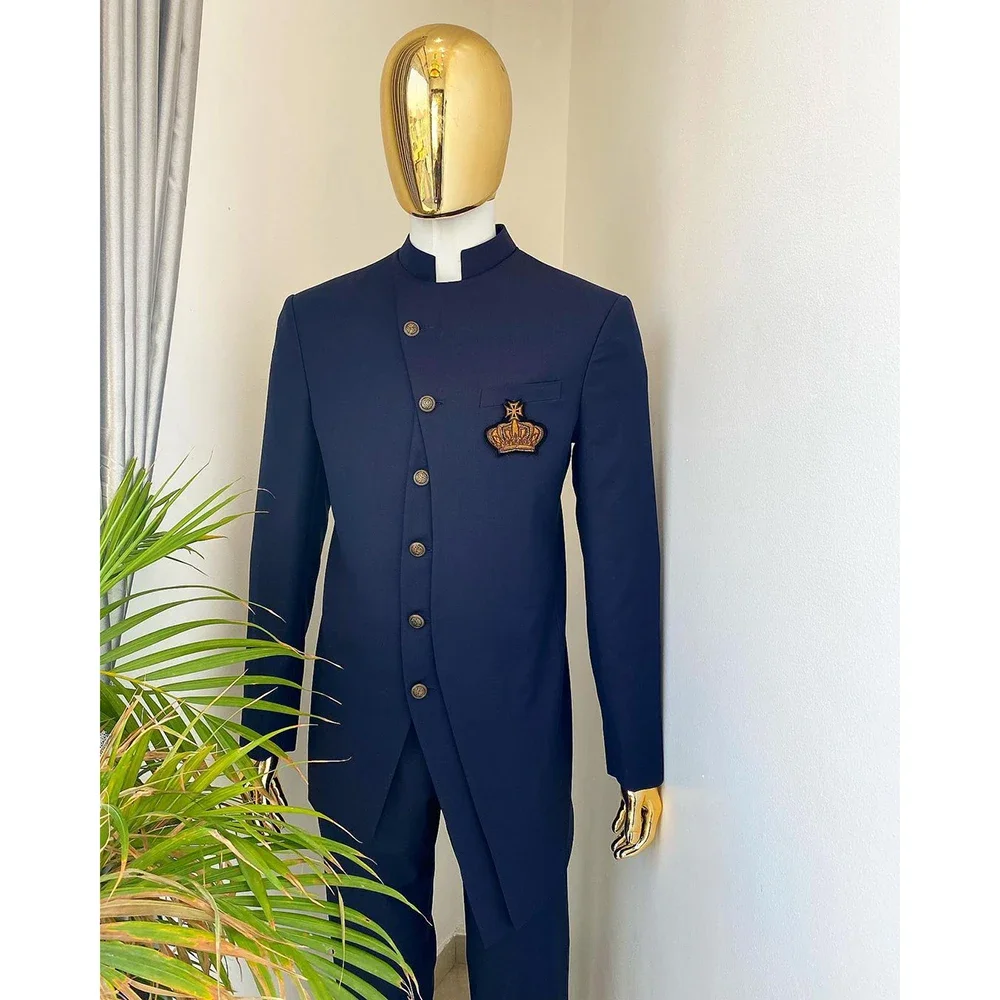 

African Style Navy Blue Men Suits Formal 2 Pcs Jacket Pants Luxury Blazer Customized Single Breasted Stand Lapel Prom Party Set