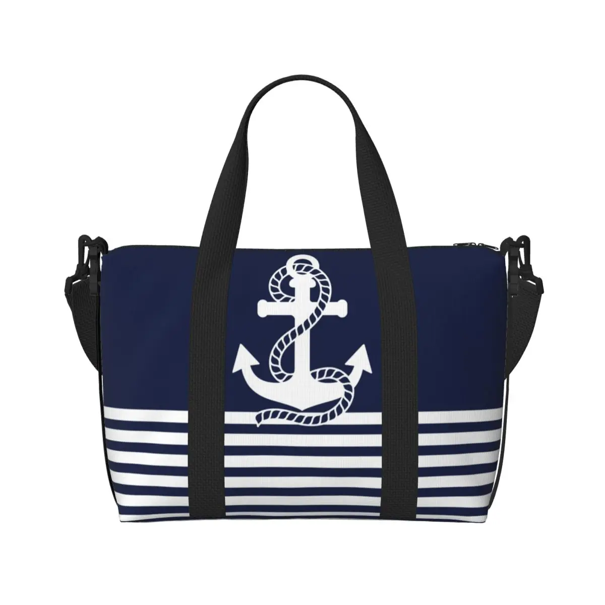 Custom Nautical Navy Blue Stripes And White Anchor Beach Tote Bag Women Extra Large Gym Carry On Navigation Travel Shopping Bags