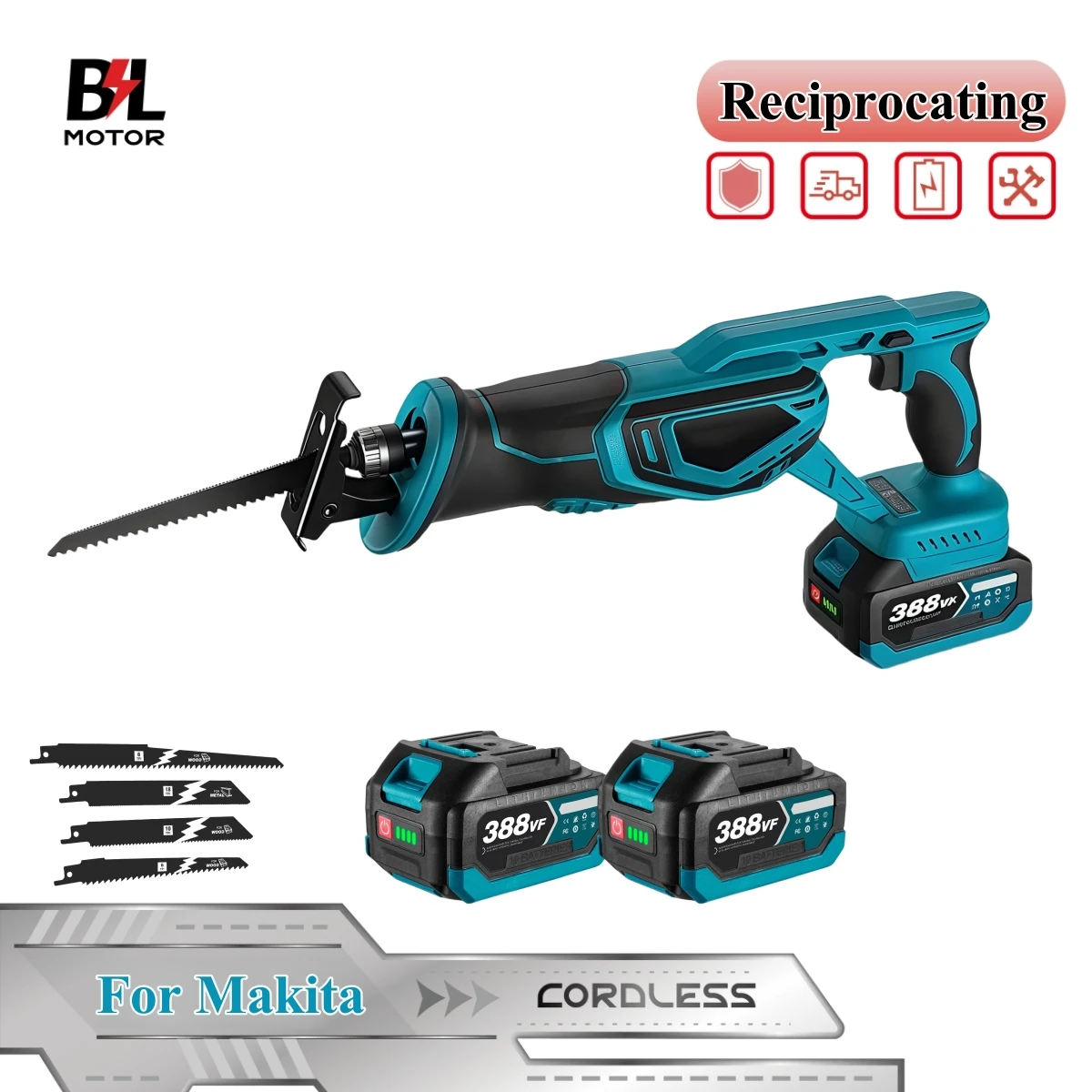 

Cordless 3000W Brushless Reciprocating Saw W/ 4PCS Blades Electric Saw Wood Metal PVC Pipe Materials Cutting For Makita Battery