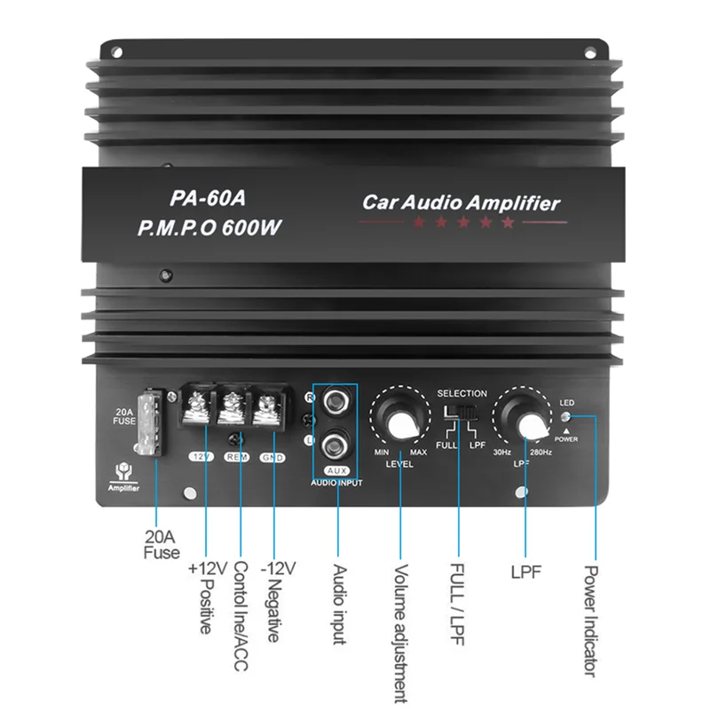 자동차 오디오 파워 앰프 보드, 무손실 서브우퍼 베이스 모듈, 고출력 자동차 오디오 액세서리, 모노 채널, 12V, 600W
