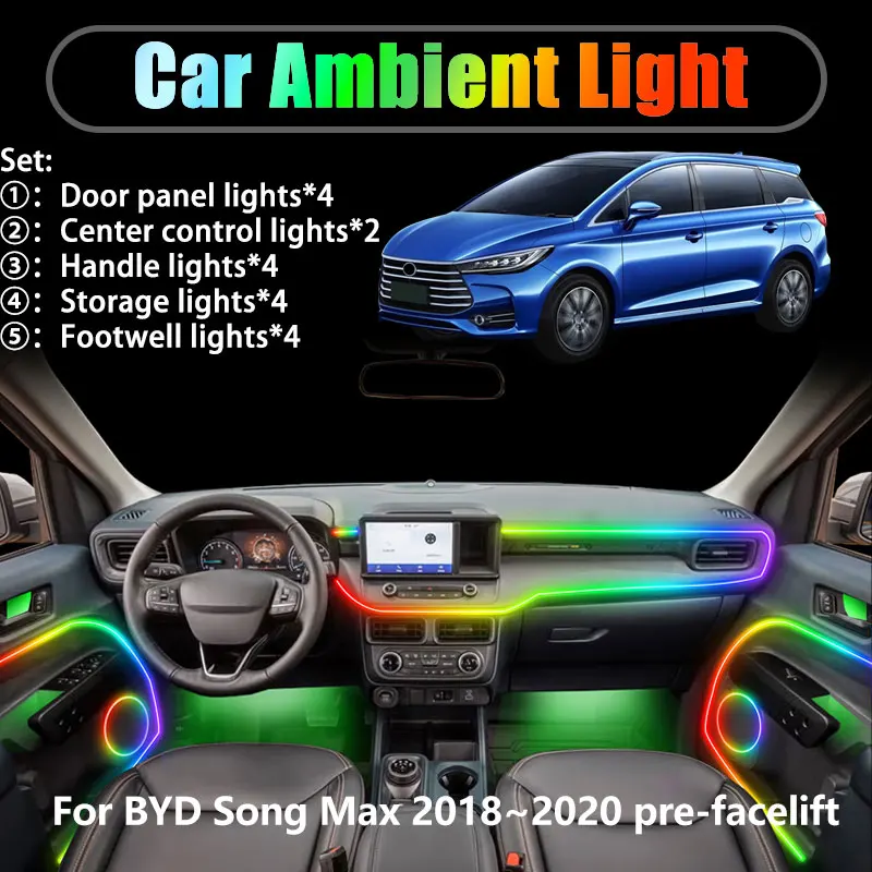 

For BYD Song Max 2018~2020 pre-facelift 2/18 in 1 Car ambient lighting Led trunk interior led lights USB RGB Ensemble Streamer
