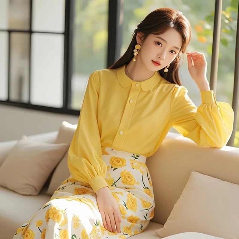 Ele jaune Rose imprimé irt et jupe Ensemble femme Faion automne hiver tenue longue Sve Smart Ensemble décontracté