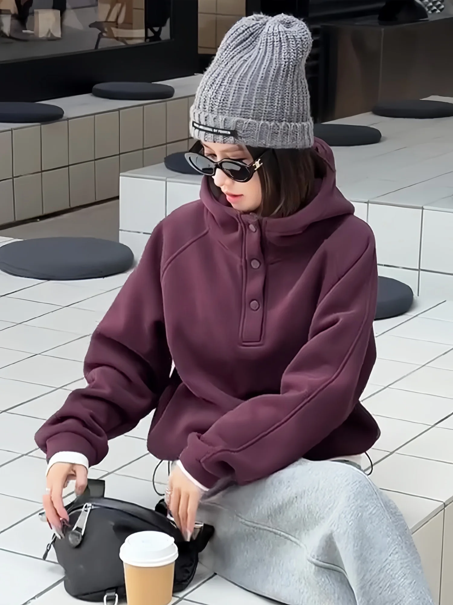 Lazin Sle Sweat à capuche Faion pour femme Coupe ample Velboa Inner Sve Longue fermeture éclair sur le devant Bouton unique Bot Dstring Oversiz...