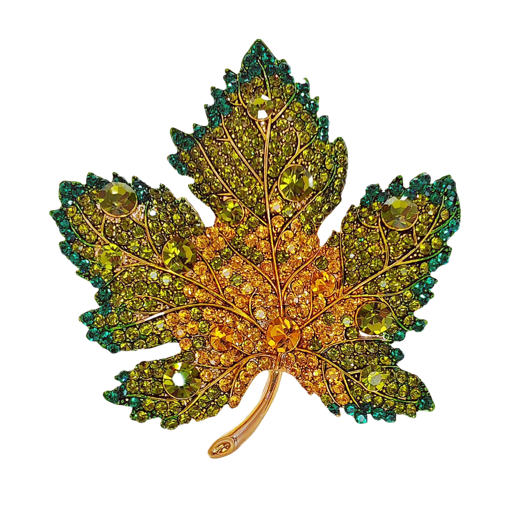 Jewelblings Vintage Full Micro Pave Yellow Orange Green Crystal Maple Leaf Brooch