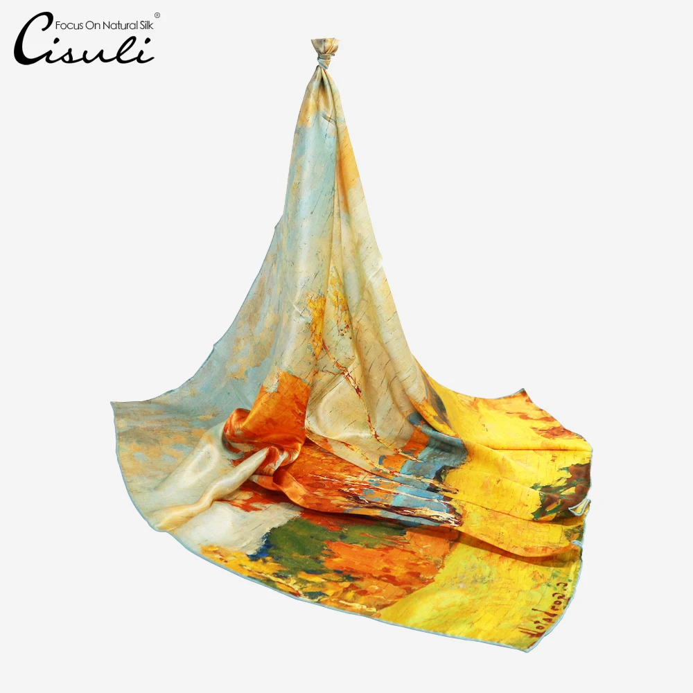 CISULI Silk Square Scarf 100% Mulberry Silk Satin Scarf 90cm Square Printed Golden Color New Desigual