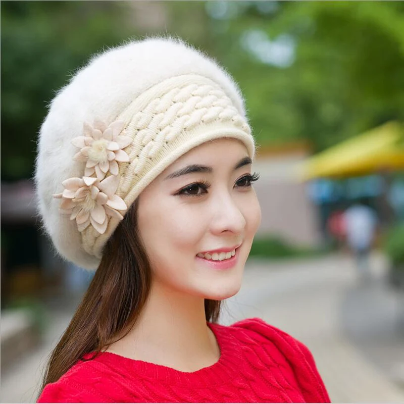 Women\'s Winter Hats rabbit knitting wool skullies female warn hat cap wholesale Fur Beanies Hats Adults Casual Female Skullies